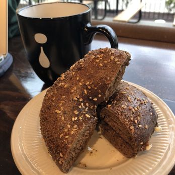 Drip Cafe - Pumpernickel bagel with butter, house blend coffee - Breakfast & Brunch Near Me - Newark, Delaware