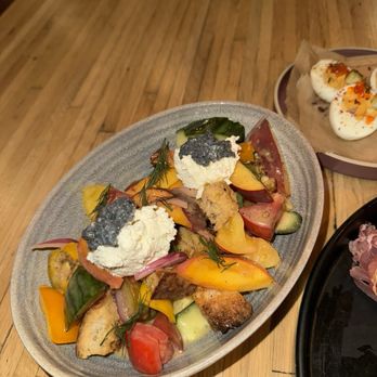 Husk - Heirloom Tomato & Peach Panzanella - American Near Me - Charleston, South Carolina Husk - Heirloom Tomato & Peach Panzanella - American Near Me - Charleston, South Carolina