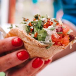 Sanctuary V-Tacos - Vegan Taco, vegan meat, beans, pico de Gallo, cilantro and garlic sauce, sour cream and fresh cilantro on top