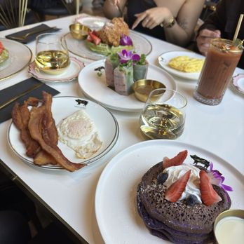Breaking Dawn Brunch - Ube pancakes, side of bacon and egg, spring rolls, pandan chicken and waffles - Breakfast & Brunch Near Me - Los Gatos, California
