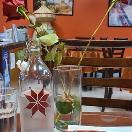 Fresh flowers.  Bottle of water.