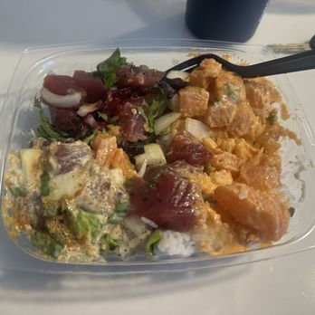 Exit 8 Bodega - Poke bowl with California tuna, Thai tuna and spicy garlic salmon. Over half rice half salad - Poke Near Me - Costa Mesa, California Exit 8 Bodega - Poke bowl with California tuna, Thai tuna and spicy garlic salmon. Over half rice half salad - Poke Near Me - Costa Mesa, California