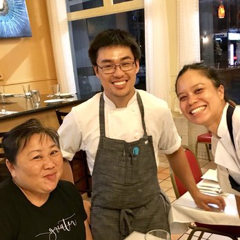 XO Restaurant - Chef owners Kenny Lee (C), and Aleina Chun (R), stepping out of the kitchen to chat with Li Y. - Asian Fusion Near Me - Honolulu, Hawaii XO Restaurant - Chef owners Kenny Lee (C), and Aleina Chun (R), stepping out of the kitchen to chat with Li Y. - Asian Fusion Near Me - Honolulu, Hawaii