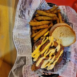 Ladder House Bar & Grill - Firehouse burger (added fried green beans), came out hot, soft bun, crispy fried onion ring on top, perfect