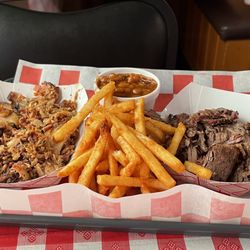 J&J BBQ - Combo meal- pulled pork, brisket, fries & beans. Hubby loved it!