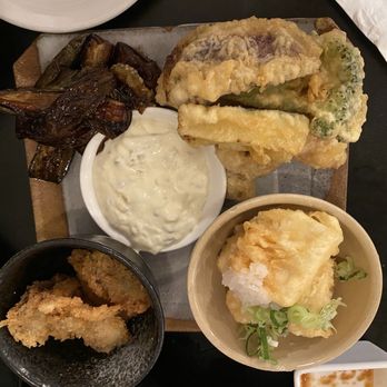 Miyo's Restaurant - Appetizer Sampler minus dipping sauce for tempura items - Izakaya Near Me - Hilo, Hawaii Miyo's Restaurant - Appetizer Sampler minus dipping sauce for tempura items - Izakaya Near Me - Hilo, Hawaii