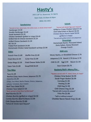 Menu photo 6 Hasty's Restaurant Shamrock, TX