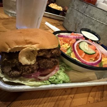 Sauced BBQ & Spirits - Burger with a side house salad - Barbeque Near Me - Livermore, California Sauced BBQ & Spirits - Burger with a side house salad - Barbeque Near Me - Livermore, California