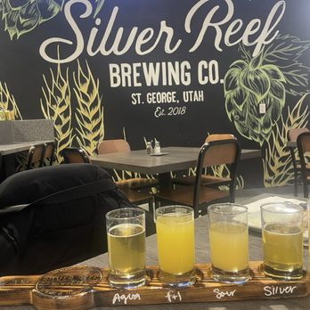Silver Reef Brewing Craft & Kitchen - Flight of brews, would recommend getting the flight if you're unsure of what to order. It's about the same price as a single beverage. - Breweries Near Me - St. George, Utah Silver Reef Brewing Craft & Kitchen - Flight of brews, would recommend getting the flight if you're unsure of what to order. It's about the same price as a single beverage. - Breweries Near Me - St. George, Utah