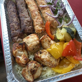 Armenian Bistro - Chicken lula kebab Beef & pork lula kebab Chicken shashlik Rice Zucchini Peppers Onions - Modern European Near Me - Toronto, Ontario Armenian Bistro - Chicken lula kebab Beef & pork lula kebab Chicken shashlik Rice Zucchini Peppers Onions - Modern European Near Me - Toronto, Ontario