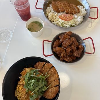 Katsu Bar - Katsu Rice Bowl up front. Pork Katsu Plate at the back. Korean Gang Jung (Tender bites) in the middle. - Japanese Curry Near Me - Glendale, California Katsu Bar - Katsu Rice Bowl up front. Pork Katsu Plate at the back. Korean Gang Jung (Tender bites) in the middle. - Japanese Curry Near Me - Glendale, California