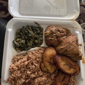 JJ's Restaurant - Lunch special- Brown stew chicken with rice n peas, veggies(callaloo) and fried plantains - Caribbean Near Me - Kissimmee, Florida