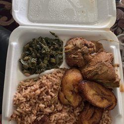 JJ's Restaurant - Lunch special- Brown stew chicken with rice n peas, veggies(callaloo) and fried plantains