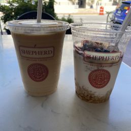 Small iced latte and yogurt parfait grab and go