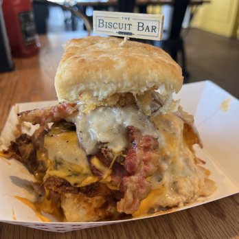 The Biscuit Bar - Front of The Rough Night Biscuit, made chicken Nashville style - Breakfast & Brunch Near Me - Arlington, Texas The Biscuit Bar - Front of The Rough Night Biscuit, made chicken Nashville style - Breakfast & Brunch Near Me - Arlington, Texas