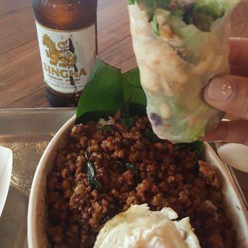 Crushcraft Thai Eats - Fantastic lunch! I had Kra Pao (basil minced pork), fresh roll (choice of chicken or tofu), an top it off with Singha Beer! - Thai Near Me - Dallas, Texas