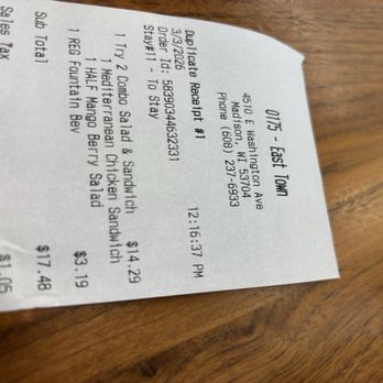 Café Zupas - Lunch for one receipt - Salad Near Me - Madison, Wisconsin Café Zupas - Lunch for one receipt - Salad Near Me - Madison, Wisconsin