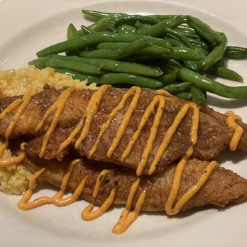 Lucky 32 Southern Kitchen - Catfish with cheese grits and green beans - New American Near Me - Cary, North Carolina