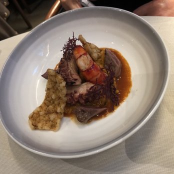 Le Pavillon - carabineros prawn, wood-fired octopus, carnaroli rice, ibérico presa, sauce américaine - French Near Me - New York, New York Le Pavillon - carabineros prawn, wood-fired octopus, carnaroli rice, ibérico presa, sauce américaine - French Near Me - New York, New York