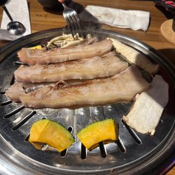Jab-Sa Korean BBQ - Pork Belly, mushroom, "pumpkin"