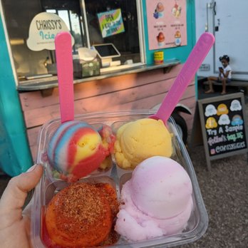 Chrissy’s Icies - Strawberry lemon, passion fruit, mangonada and rainbow swirl - tray style. - Caterers Near Me - Austin, Texas