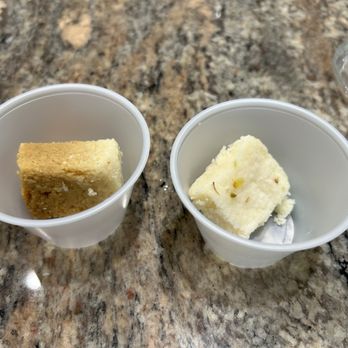 Desi Bites - Tiny portion ($2.39 each) of below average milk cake and kalakand. - Indian Near Me - Hillsboro, Oregon