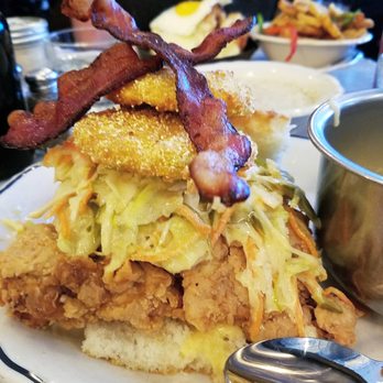 Jacob's Pickles - Southern BLT: fried chicken+ pickled slaw+ fried green tomatoes+ bacon+ biscuits+ side of homefries or grits - Comfort Food Near Me - New York, New York