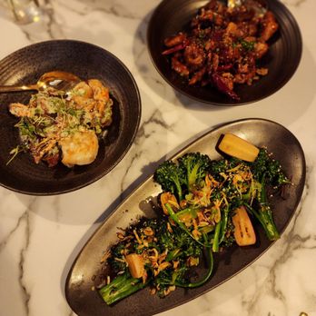 Tea Modern Chinese - Orange Chicken, Stir Fry Broccolini and Radish, Honey Walnut Shrimp (clockwise) - Tea Rooms Near Me - Orange, California Tea Modern Chinese - Orange Chicken, Stir Fry Broccolini and Radish, Honey Walnut Shrimp (clockwise) - Tea Rooms Near Me - Orange, California