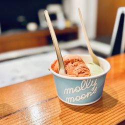 Molly Moon's Homemade Ice Cream - Two scoops. orange creamsicle and matcha strawberry