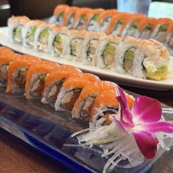 Hana Sushi #6 - From closest to farthest: Philadelphia Roll, Tiger Roll and I Love Salmon Roll - Sushi Bars Near Me - Temecula, California Hana Sushi #6 - From closest to farthest: Philadelphia Roll, Tiger Roll and I Love Salmon Roll - Sushi Bars Near Me - Temecula, California
