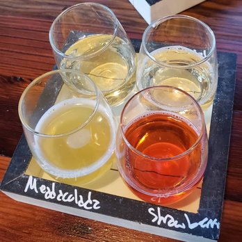 Meadiocrity Mead - My mead flight! We ended up getting a growler of the Strawberry mead. So easy to drink! - Meaderies Near Me - San Marcos, California Meadiocrity Mead - My mead flight! We ended up getting a growler of the Strawberry mead. So easy to drink! - Meaderies Near Me - San Marcos, California
