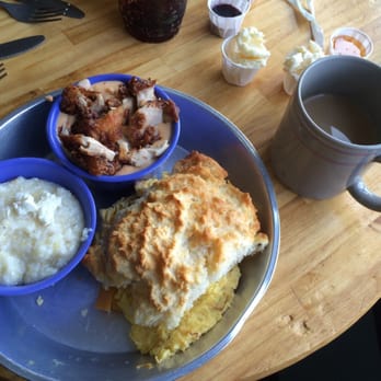 Biscuit Head - Biscuit sandwich, fried chicken gravy and grits. - Cafes Near Me - Asheville, North Carolina