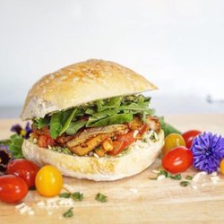 GreenHut Whole Foods Eatery - Pesto Chicken Sandwich on a locally baked ciabatta bun