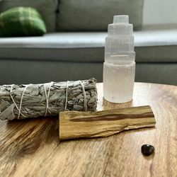 Hall of Hekate - Selenite tower, Peruvian palo santo, White sage, and Tiger's Eye gemstone
