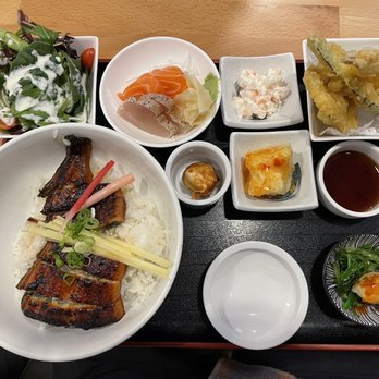 Hiyori - Grilled eel bento box has all these side dishes including tempura and sashimi pieces plus green salad - Japanese Near Me - Cypress, California