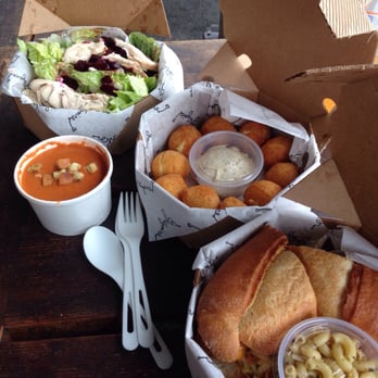Grégoire - Chicken sandwich, potato puffs, tomato/parmesan soup and chicken/beets salad - French Near Me - Berkeley, California