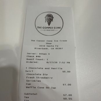 The Copper Cone - Receipt... complimentary chocolate dip and sprinkles - Ice Cream & Frozen Yogurt Near Me - Riverbank, California The Copper Cone - Receipt... complimentary chocolate dip and sprinkles - Ice Cream & Frozen Yogurt Near Me - Riverbank, California