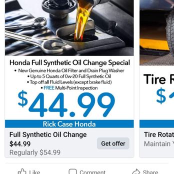 Rick Case Honda - They frequently advertise this and put cheap oil in instead. - Auto Repair Near Me - Davie, Florida