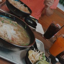 Mama Hue - Pho special and coke/ cyo pho- chicken broth and sliced steak (extra steak- $3) and a Thai milk tea