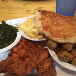Garden Gate Cafe - Fried chicken breast, Mac and cheese, greens, okra and fried cornbread $7.07 w tax