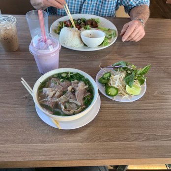 Bone & Broth - Shaken beef with rice, Vietnamese coffee, pho with brisket and a Taro smoothie - Vietnamese Near Me - Ontario, California