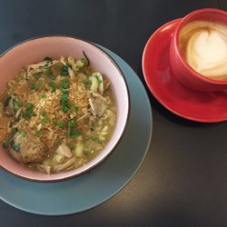 Chicken noodle soup! And a flat white