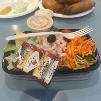 Cook's Seafood - Delicious Small Shrimp Louie salad w/saltine crackers $6.49.  See the 3 pc cod fish n chips in the back too - Seafood Near Me - Menlo Park, California