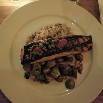 Follia - Grilled Atlantic salmon with wild rice and Brussels sprouts - delicious! - Wine Bars Near Me - New York, New York