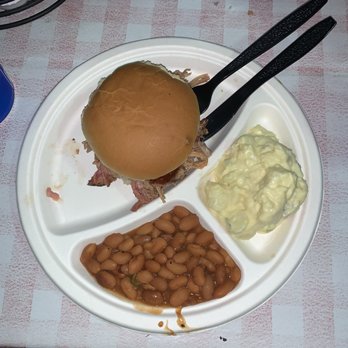 Big John's Texas BBQ - pulled pork sandwich with potato salad and beans - Barbeque Near Me - Page, Arizona Big John's Texas BBQ - pulled pork sandwich with potato salad and beans - Barbeque Near Me - Page, Arizona