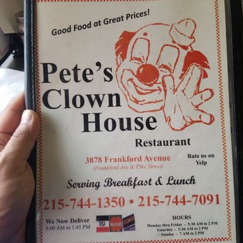 Pete's Clown House - Menu cover with address, phone # and hours. - Breakfast & Brunch Near Me - Philadelphia, Pennsylvania