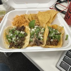 California Dip&Eat - Three street tacos. Chorizo, steak and carnitas. Delish.