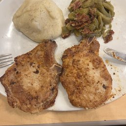 Grilled Cajun pork chops, Green Beans w/ Bacon and Real Mashed Potatoes Grilled Cajun pork chops, Green Beans w/ Bacon and Real Mashed Potatoes