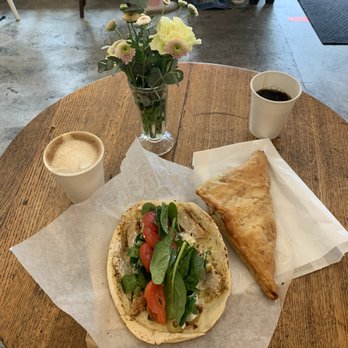 Green Olive Market and Cafe - Sorry if this pic is sideways, it shouldnt be. Don't know how to fix. A wrap and spanakopita with coffee. - Cafes Near Me - Squamish, British Columbia