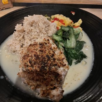 Monkeypod Kitchen - Macadamia crusted Amberjack w/brown rice & boo choy - New American Near Me - Lahaina, Hawaii Monkeypod Kitchen - Macadamia crusted Amberjack w/brown rice & boo choy - New American Near Me - Lahaina, Hawaii